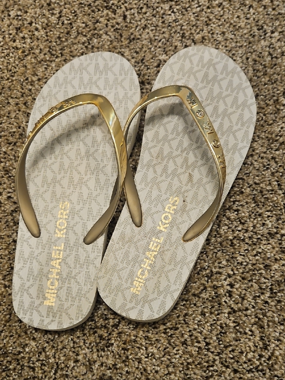 Michael Kors Gold and White Logo Flip Flop Sandals
